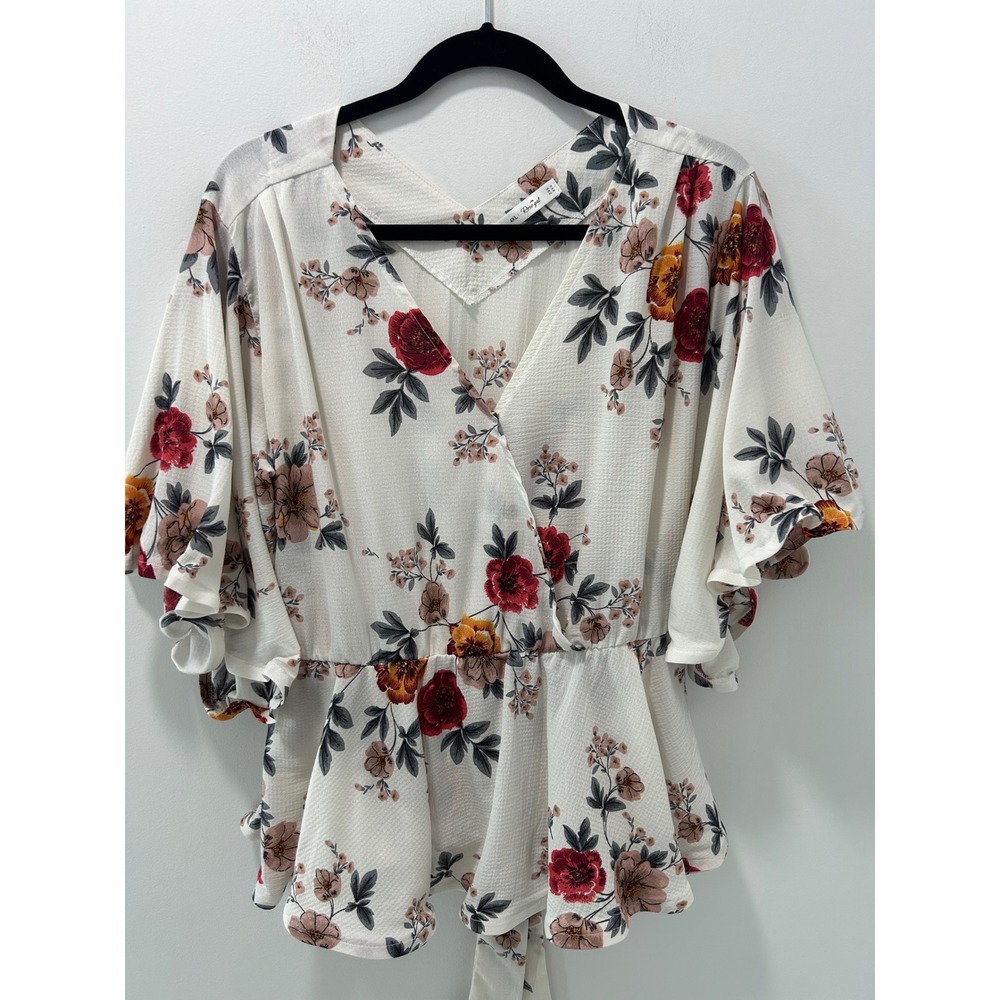 Rosegal Floral Peplum Wrap Top White Flutter Sleeve Plus Size 4XL US 20